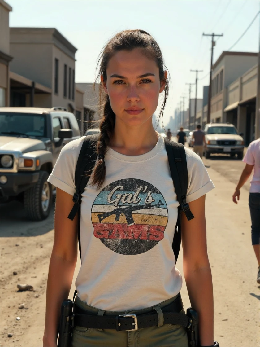 <lora:Gal_Gadot_2008:1> woman, happy <lora:zz_s_Vintage_T_Shirt:1> vintage t-shirt with the text "Gal's Guns", extreme close-up, zoomed, focus on face, centered, macro shot, face centered, focus on eyes, looking directly at the viewer, looking directly at the camera, making eye contact, looking straight ahead, modest clothes, modest apparel, chest covered, modesty <lora:zz_s_Chest_Size_Slider:-2>, solo, alone, tan athletic body, neutral expression, looking at something in the distance, pointing, eyes squinting, carrying a G36 assault rifle that is pointed at the ground, cargo shorts, rubble all around, burned out buildings and vehicles, post-apocalyptic <lora:zz_s_Stylish_Lighting:0.5>