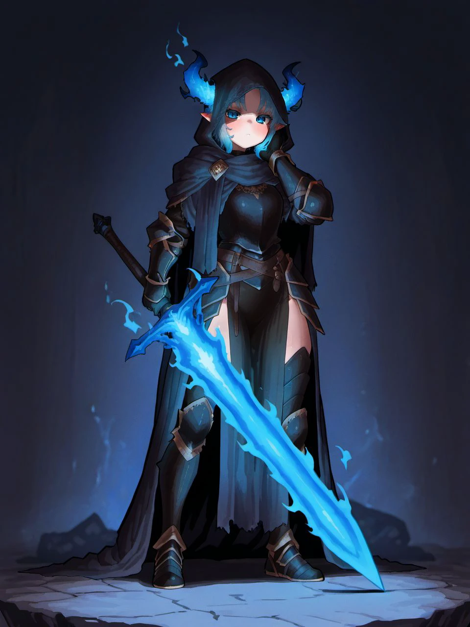 masterpiece, best quality, amazing quality, very aesthetic, high resolution,
ekrea jan style, weapon, blue fire, sword, holding, holding weapon, holding sword, 1girl, solo, fire, horns, flaming weapon, hood, standing, cloak, cape, pointy ears, flame, disembodied head, holding head, gauntlets, flaming sword, gradient, looking at viewer, full body, armor,
<lora:ekrea_jan_style_v2_epoch_7:0.9>,