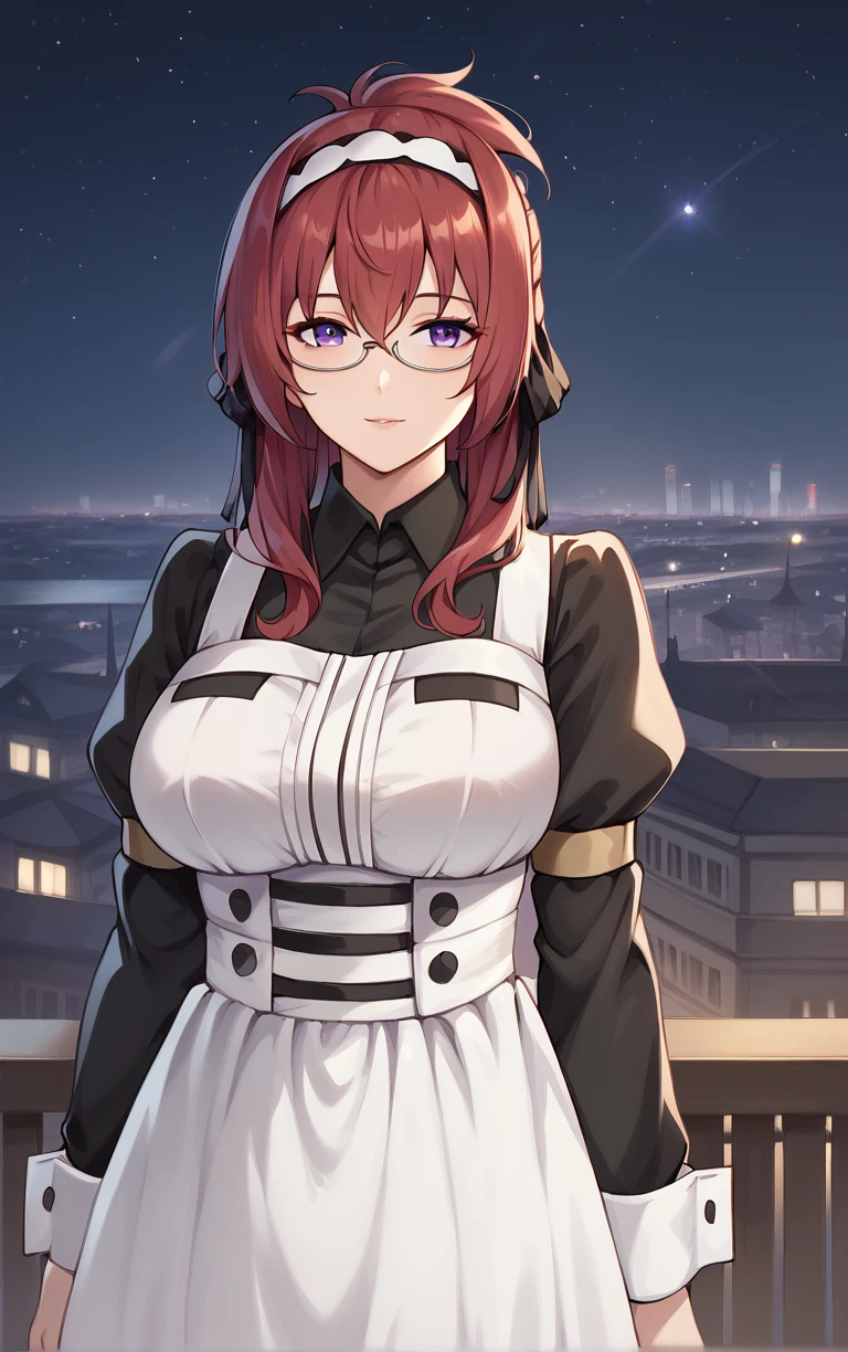 score_9, score_8_up, score_7_up, BREAK 
MaidOutfit_LiliaGreyrat_ownwaifu, 
1girl, folded ponytail, glasses, hair between eyes, hairband, long hair, purple eyes, red hair, semi-rimless eyewear, sidelocks, under-rim eyewear, white hairband, bangs, hair ribbon, large breasts, mature female,
black dress, collared shirt, juliet sleeves, long dress, puffy sleeves, white apron, long sleeves, maid, maid apron, black ribbon, black sleeves,
(standing, arm_support), railing, cityscape, night, city, city lights, scenery, starry sky, vanishing point, outdoors, <lora:PONYXL_MushokuTensei_LiliaGreyrat_ownwaifu:0.8> , depth of field, solo,