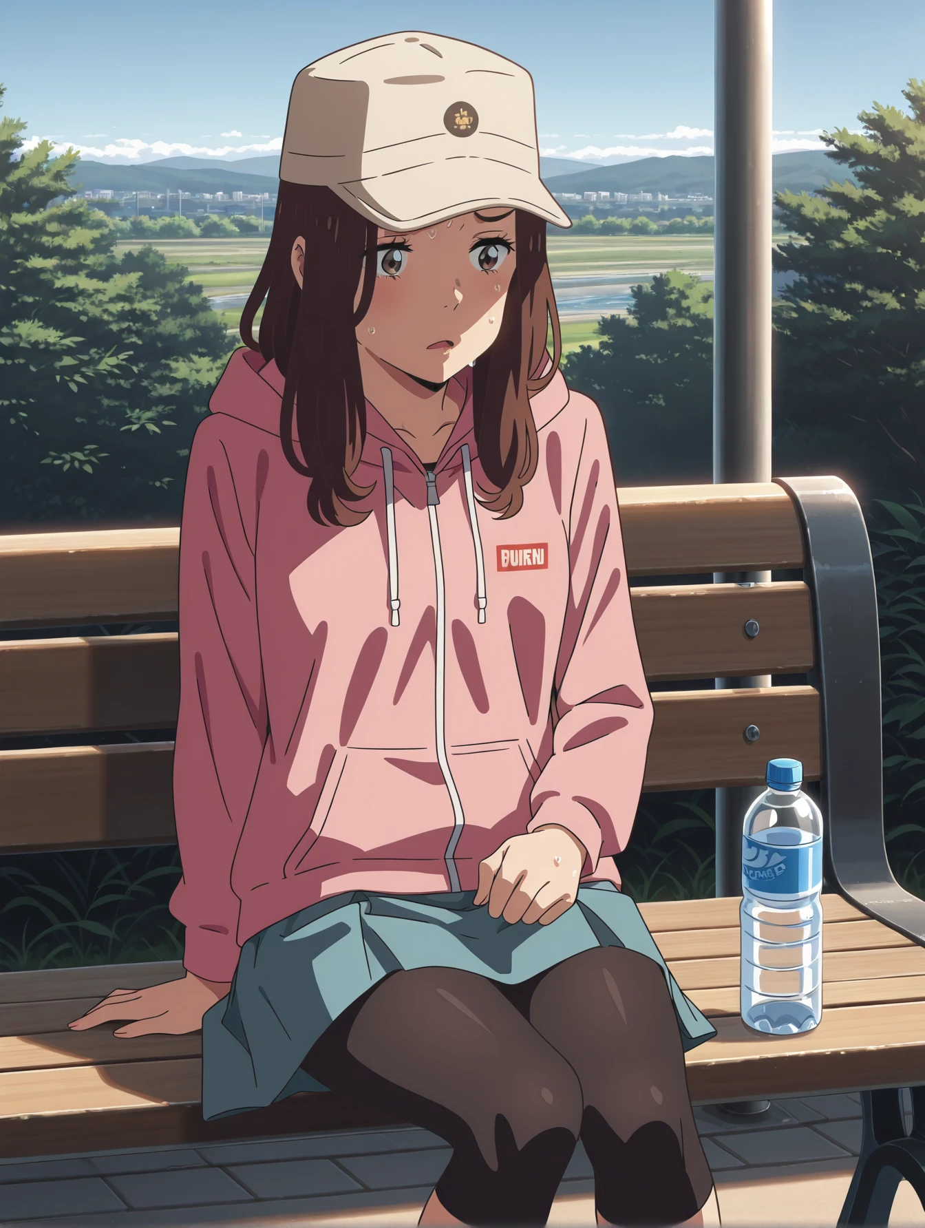 1girl, solo <lora:your-name-illustrious-000010:1> okudera, hat, pink hoodie, skirt, leggings, sitting, park bench, blue sky, water bottle, sweat
masterpiece, best quality, cinematic lighting