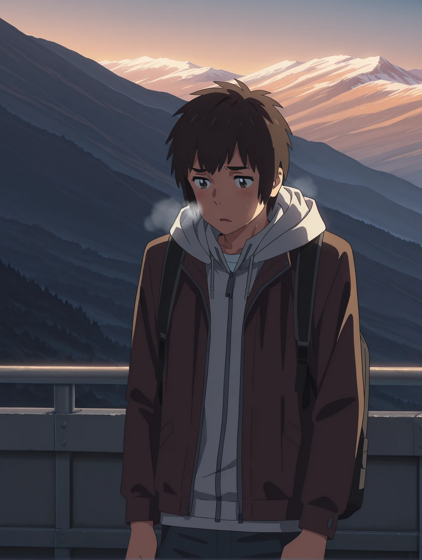 <lora:your-name-illustrious-000010:1> 1boy, male focus, t4chib4na, jacket, hoodie, backpack, heavy breathing, mountain, cowboy shot
masterpiece, best quality, cinematic lighting