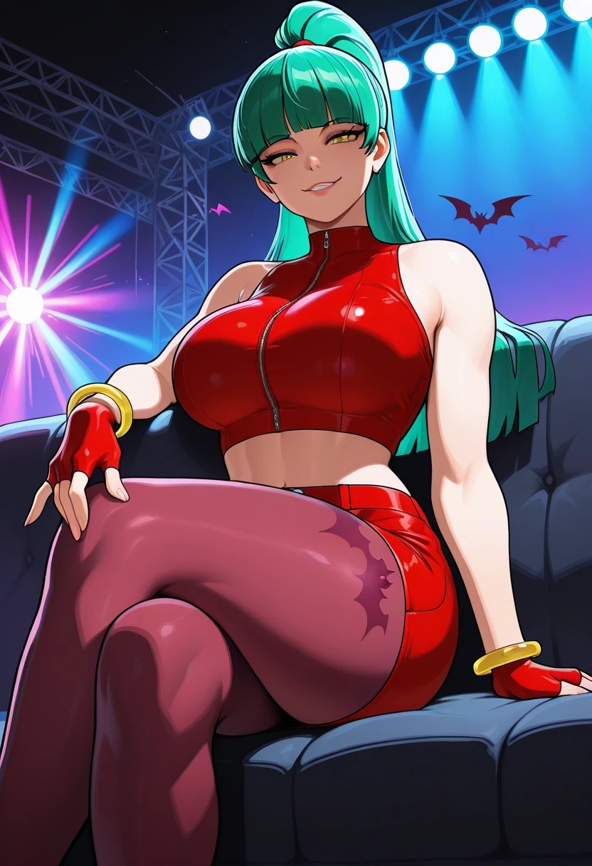 masterpiece, best quality, newest, absurdres, highres ,  <lora:MorriganAenslandIllustrious:0.9>,  DRKSTKRSMORAENS, hime cut, green hair,  high ponytail,  yellow eyes, red crop top, sleeveless, bangle, fingerless gloves,  red pencil skirt, pantyhose, bat print,  large breasts, rave,  party, seductive smile, sitting, couch, crossed legs, looking at viewer,  stage lights, yellow eyes,