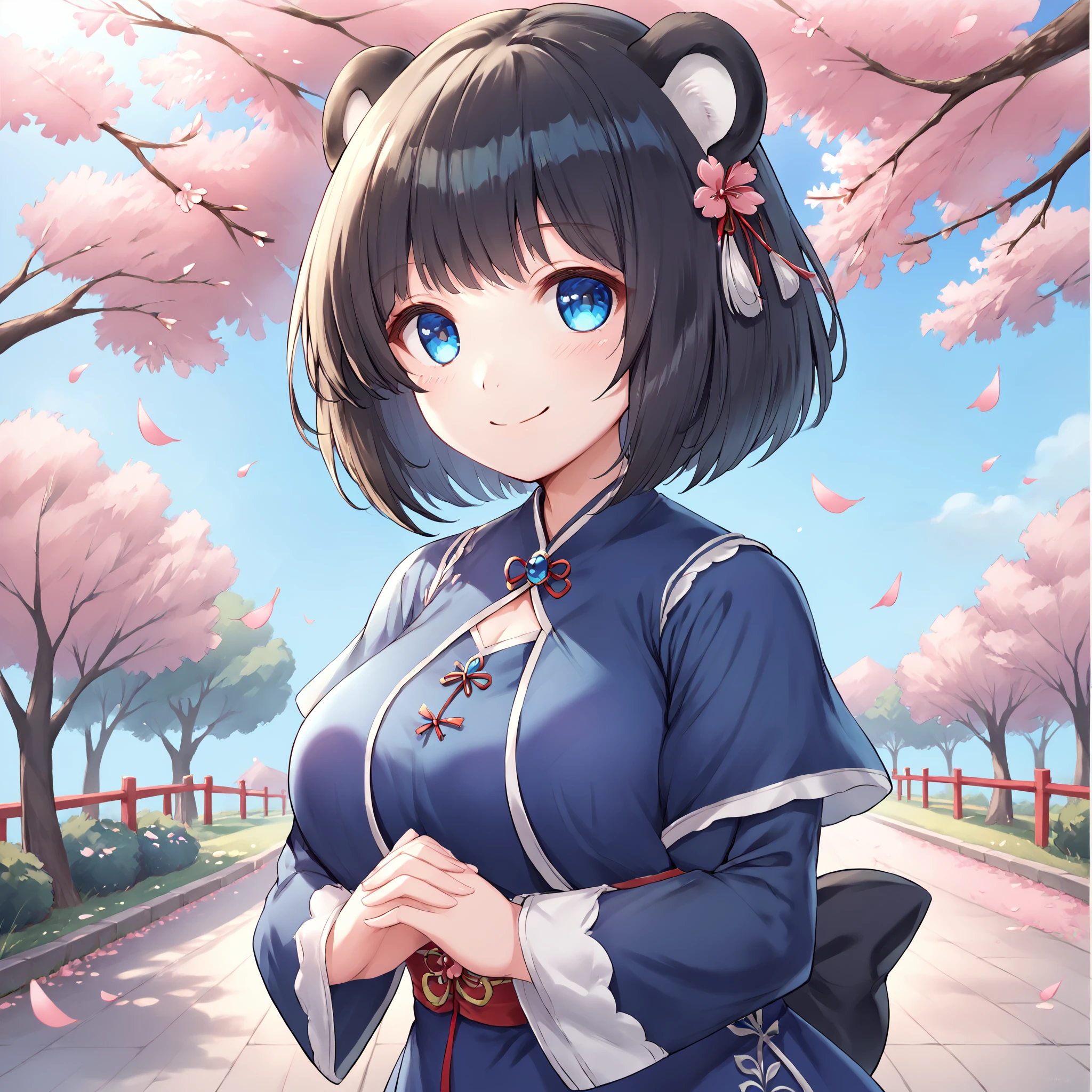 (masterpiece), best quality, (highly detailed), score_9, score_8_up, score_7_up, score_6_up, score_5_up, 1female, solo, <lora:kmsr_0302_style:0.8>, panda ears, blue eyes, smile, blue dress, spring, trees, cherry blossom, black hair, short hair, hands together,