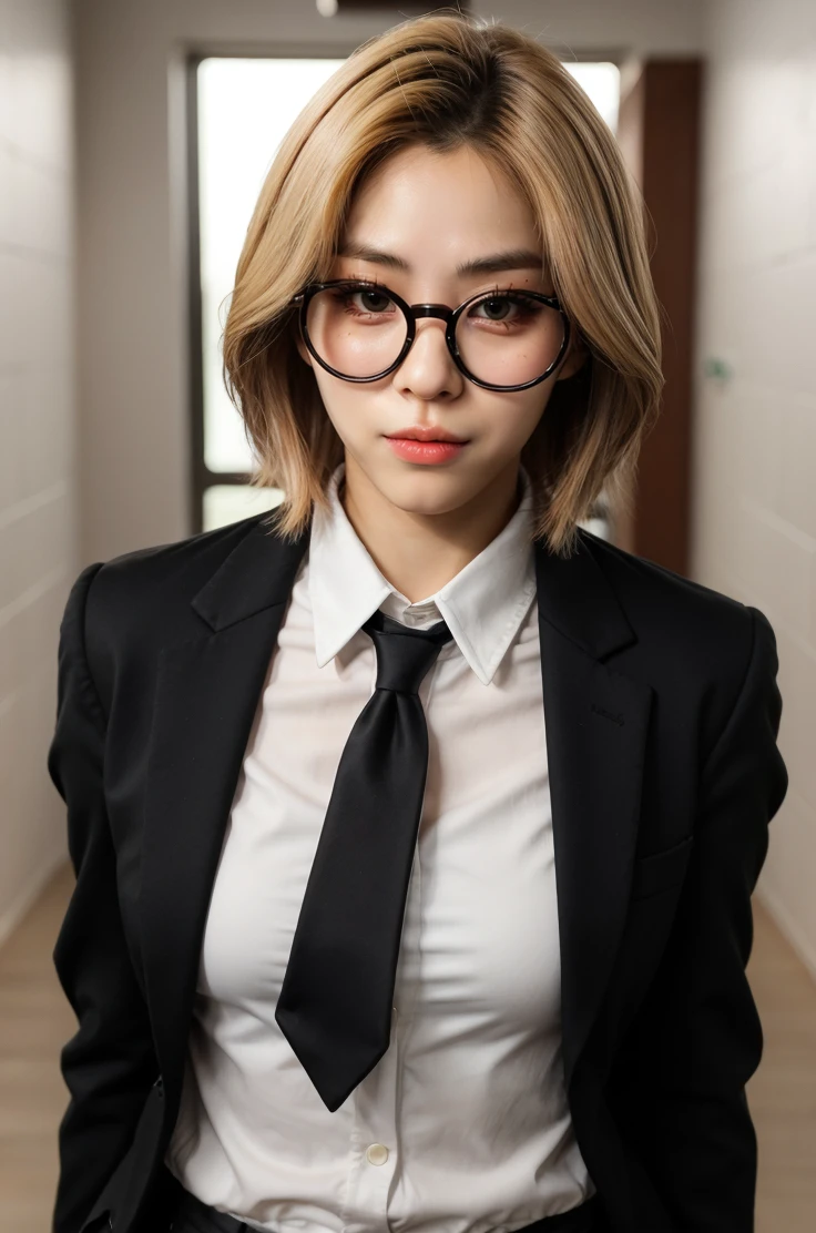 blurry background, [ white lights, plaster walls, emergency exit], portrait of shinryujin wearing [black blazer, black pants, white collared shirt, black eyewear, square eyewear, black necktie], (medium hair, blonde hair), (looking at viewer),    <lora:Ryujin-06:0.95> <lora:add_detail:0.35>