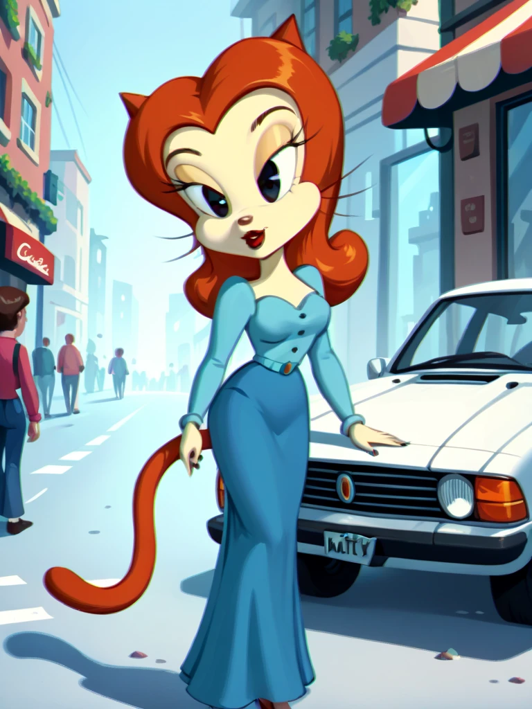 score_9, score_8_up, score_7_up, score_6_up, score_5_up, score_4_up, 1girl, (Candy_Kitty, tail, black eyes, red lips, animal nose), long sleeves, blue skirt, city street, car, crowd, retro artstyle, detailed eyes, detailed face, detailed background, <lora:felixgirls-v1:1>