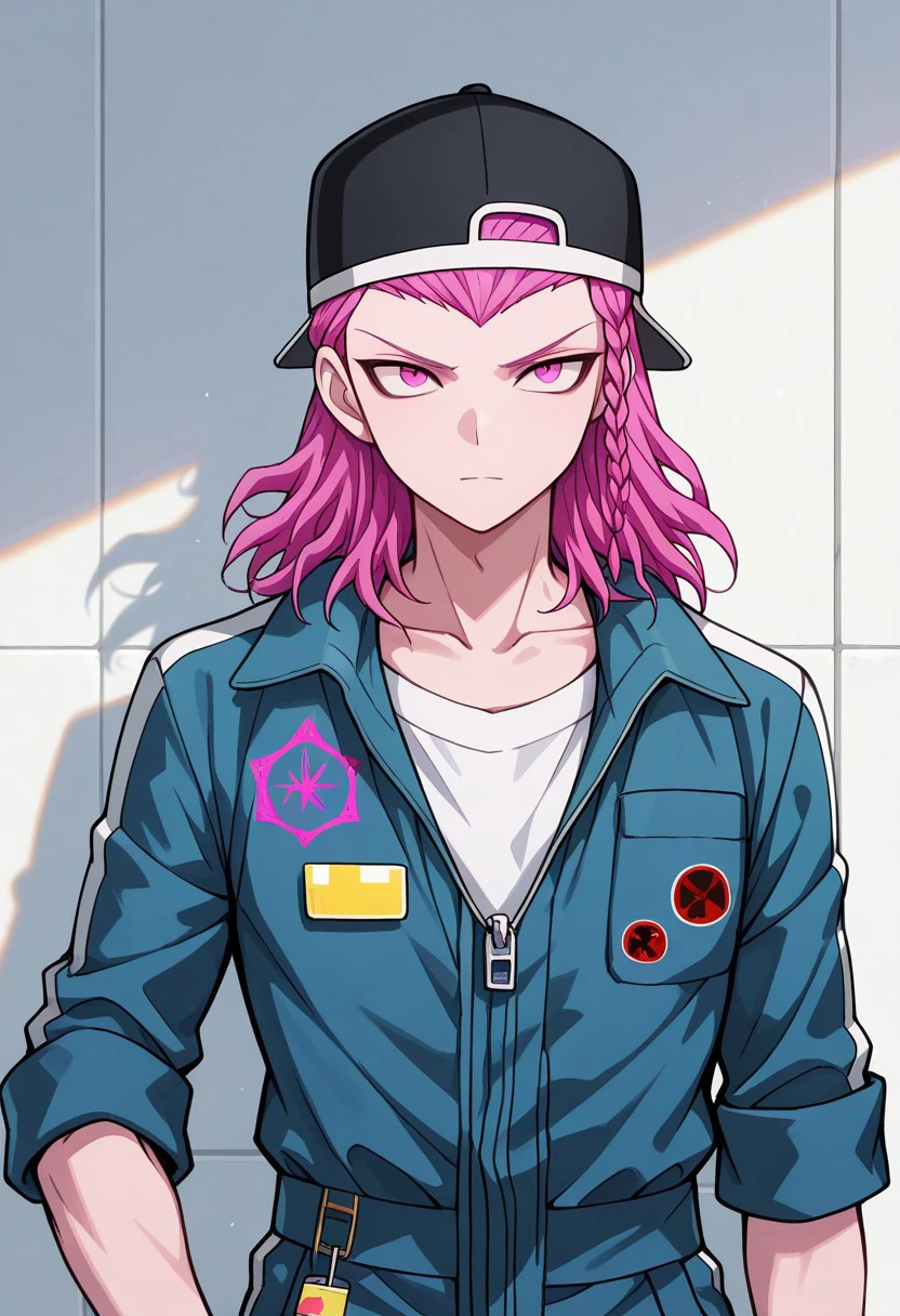 masterpiece, best quality, 
weslie, 1boy, male focus, solo, pink eyes, pink hair, medium hair, braid, side braid, bangs, hat, black hat, baseball cap, backwards hat, collarbone, jumpsuit, blue jumpsuit, shirt, white shirt, sleeves rolled up,
indoor