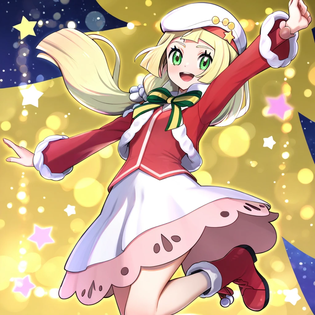 (1girl, solo,), jumping, full_body, close-up, stars, hearts, christmas_background, smiling, blush, holillie, lillie_\(pokemon\), green_eyes, blonde_hair, long_hair, bangs, white_headwear, star_\(symbol\), long_sleeves, official_alternate_costume, bow, jacket, red_jacket, fur_trim, skirt, white_skirt, long_skirt, knees, boots, fur_trimmed_boots, red_footwear, masterpiece,best quality,amazing quality,very aesthetic,high resolution,ultra-detailed,absurdres,newest,volumetric lighting