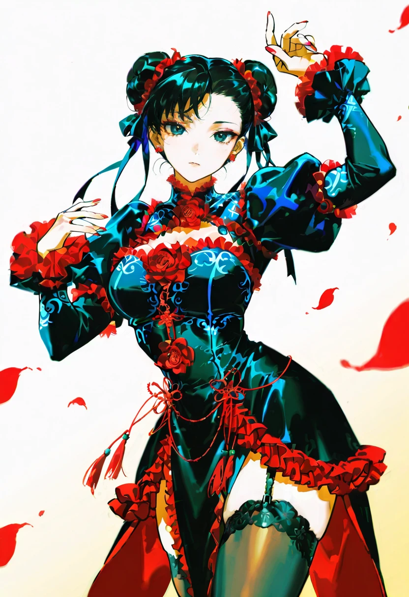 1girl,solo,looking at viewer,konya_karasue,y2khar dress, frills, dress, red flower, chun-li