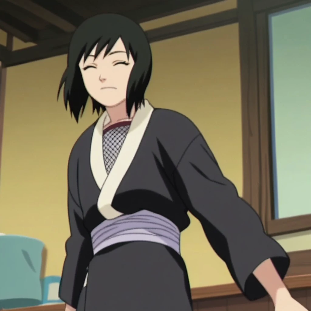 shizunescreencap, shizune, solo, 1girl, black hair, short hair, black eyes, black kimono, fishnet top, white obi, indoors,
score_9, score_8_up, score_7_up,
source_anime,anime screencap,
happy, closed eyes,