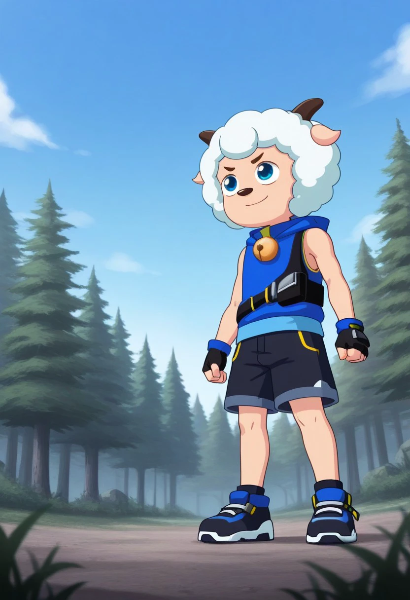 masterpiece, best quality, 
weslie, 1boy, male focus, solo, sheep boy, blue eyes, white hair, horns, sheep horns, animal ears, animal horns, bell, neck bell, hoodie, blue hoodie, hood, sleeveless, pouch, gloves, black gloves, fingerless gloves, shorts, black shorts, shoes, black and blue footwear, smile, determined
outdoor, sky, tree