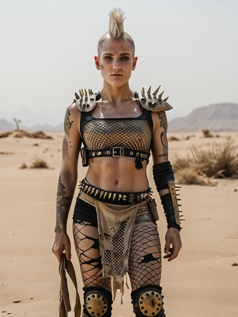 best quality, movie still, fit, muscles, golden hour, desert, desolate, headgear, grimy, dirty, pelvic curtain, ammo belt, spikes, mohawk,  white hair, , tattooed body,  metal bra,
 detailed, shoulder  pauldron, arm tattoo, standing, sand, holding , torn clothes, fishnet pantyhose,  knee pads, elbow pads, <lora:Wasteland_Vixens:1>