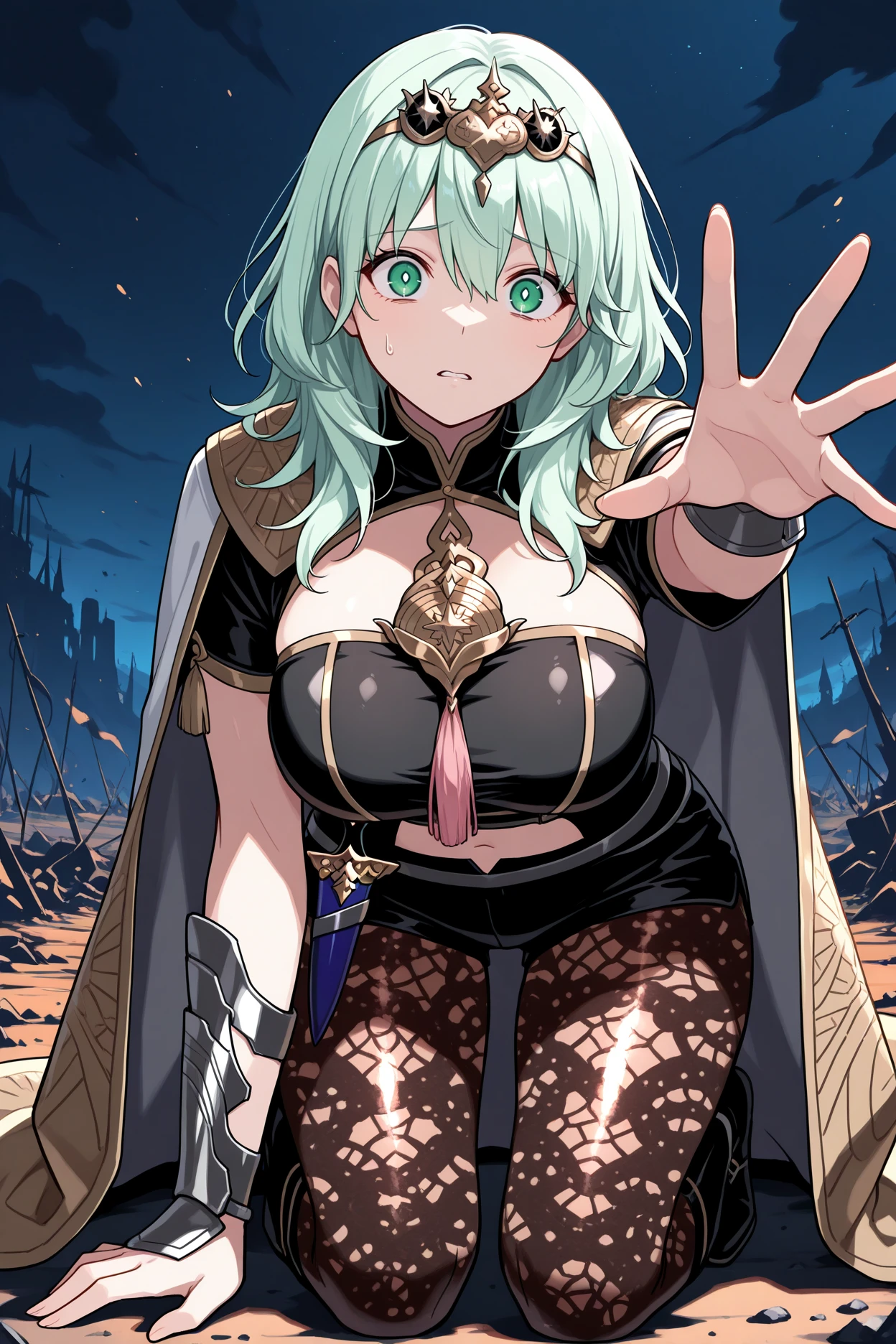 masterpiece, best quality, 1girl, solo, <lora:febyleth-illu-nvwls-v1-000006:1> enltblth, light green hair, green eyes, long hair, hair between eyes, circlet, gold-trimmed cape, high collar, black tube top, short sleeves, pendant, tassel, midriff, gold trim, vambraces, belt, black shorts, short shorts, patterned pantyhose, sheathed dagger, kneeling, hunched over, reaching out, narrow pupils, looking at viewer, battlefield, wasteland, night, scared, big breasts, defeated