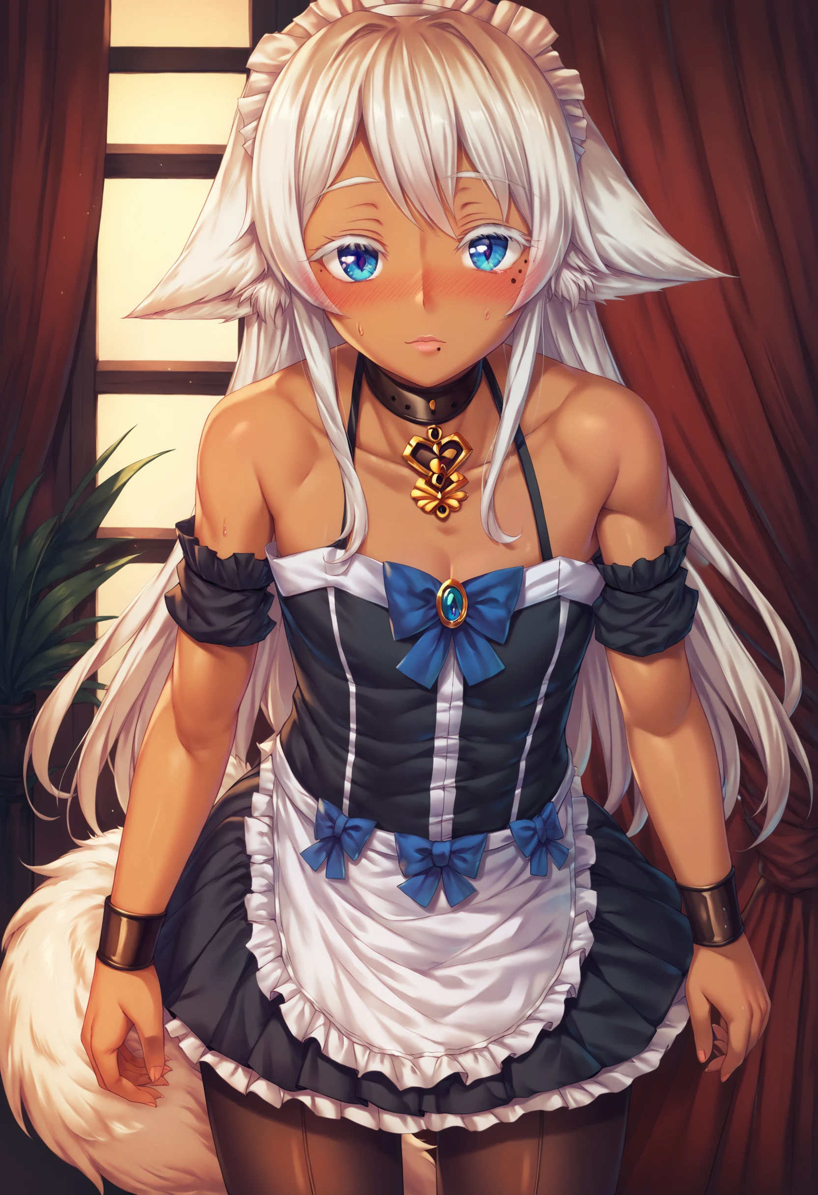 score_9, score_8_up, score_7_up, genshi, otoko no ko, mole, mole under eye, white hair, fox, fox boy, long hair, yuki, blue eyes, necklace, choker, dark skin, maid, maid dress, bracelet, thighhighs, pantyhose, love hotel, blushing, looking at viewer, standing, folded hands, safe for work <lora:genshi-0.2-000044:0.9>