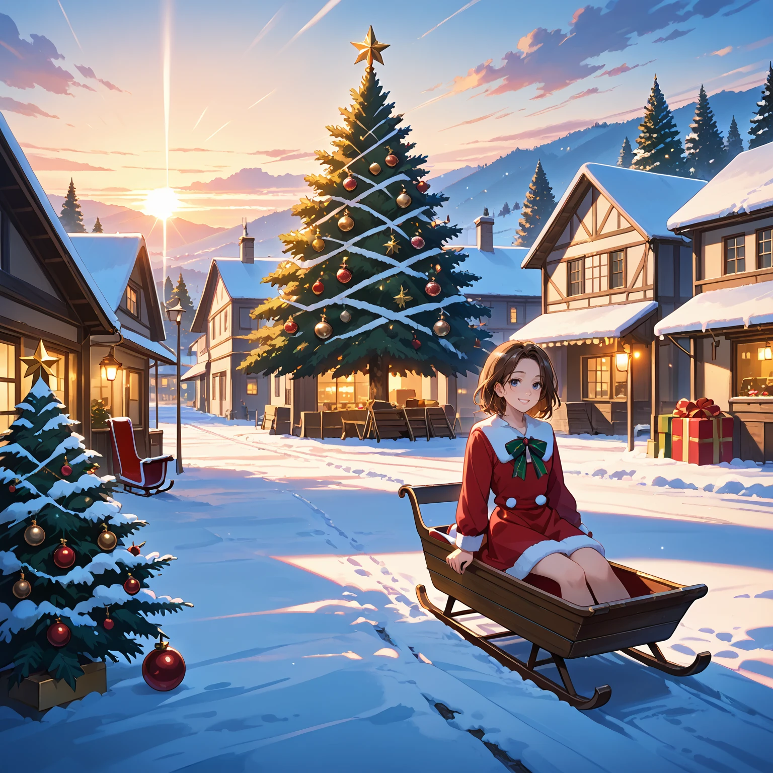 cinematic film still score_9, score_8_up, score_7_up,source_anime, depth of field, <lora:Christmas_village:0.6> chviba, scenery, christmas, christmas ornaments, christmas tree, outdoors, village, 1girl, brown hair, smile, school uniform, (christmas dress:1.3), sitting, on sled,  <lora:add-detail-xl:1.2>, <lora:age_slider_v4:2> dutch angle, sunset,  . shallow depth of field, vignette, highly detailed, high budget, bokeh, cinemascope, moody, epic, gorgeous, film grain, grainy