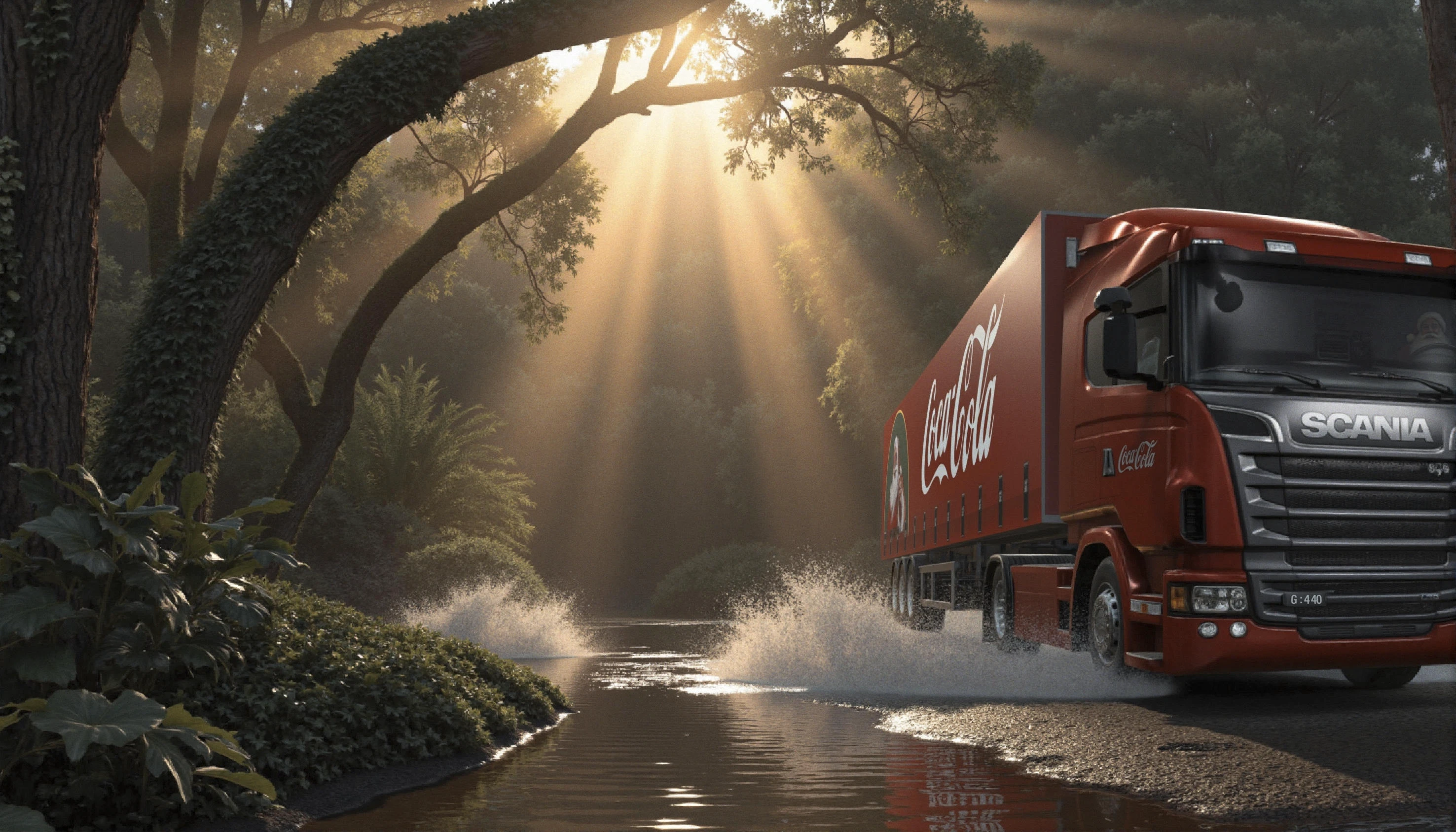 A Scania G440 Coca-Cola truck powers through a lush Amazonian rainforest setting, creating dramatic water splashes as it crosses a shallow river. Brilliant golden god rays pierce through the dense canopy above, creating ethereal beams of light that illuminate the water droplets and mist in the air. The truck's vibrant red exterior contrasts dramatically with the deep greens of the surrounding jungle foliage. Massive tropical trees with thick vines frame the scene, while exotic birds scatter into flight. The water interaction is captured in ultra-high-speed detail, with crystalline droplets catching the sunlight as they spray from the truck's wheels. The dense undergrowth and ferns along the riverbank add texture and depth, while the humid atmosphere creates a subtle mist that diffuses the light. The iconic Coca-Cola branding gleams against the red trailer, partially catching reflections from the disturbed water below.