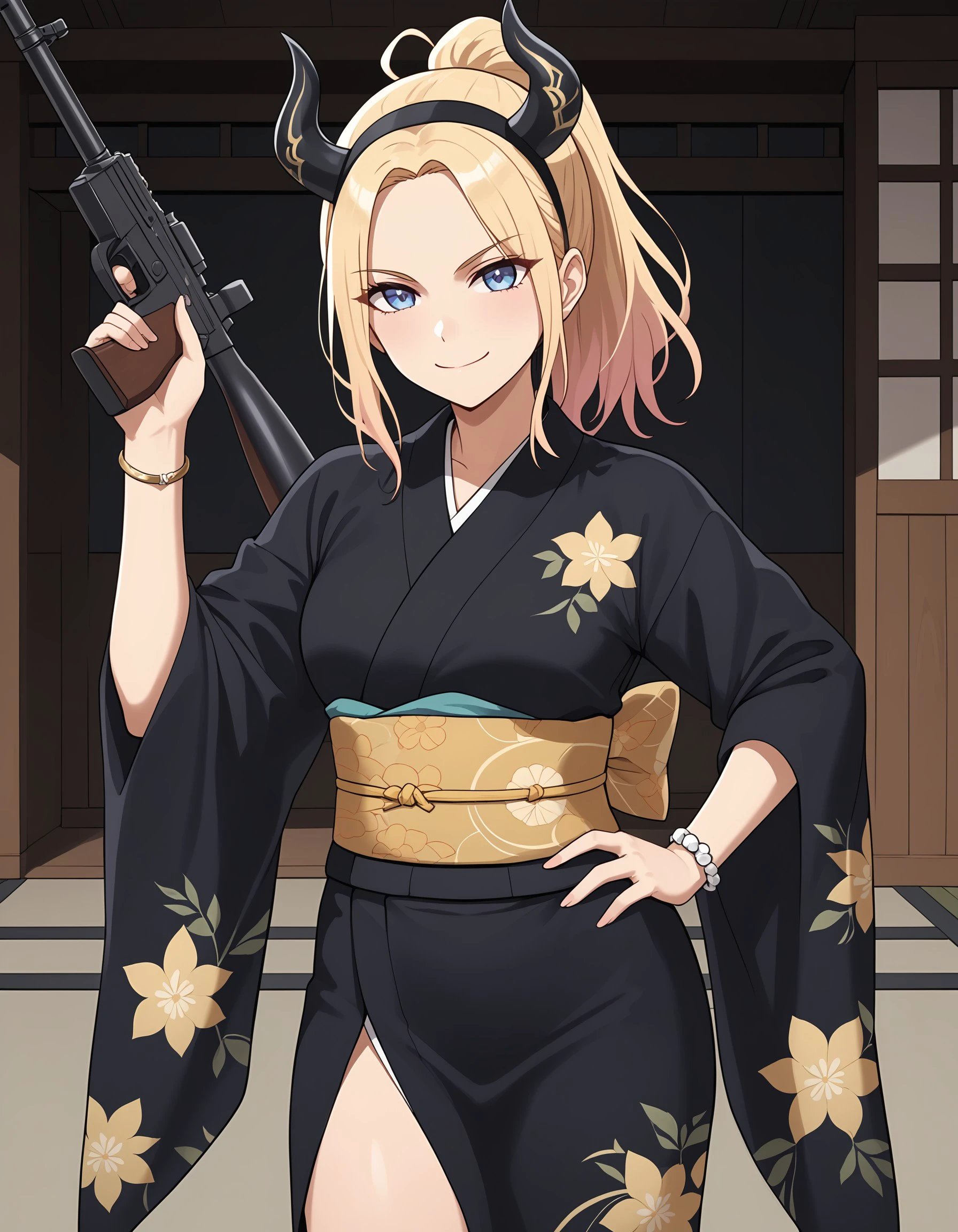 (masterpiece), best quality, expressive eyes, perfect face, weapon, japanese clothes, kimono, gun, sash, horns, obi, smile, black kimono, ponytail, holding, hairband, over shoulder, hand on hip, looking at viewer, floral print, weapon over shoulder, yukata, holding weapon, rifle, print kimono, fake horns, bracelet, wide sleeves, standing, sena_juo, <lora:738bdc2f-e4c4-4cf3-8bec-52dbcc3a955f:0.7>