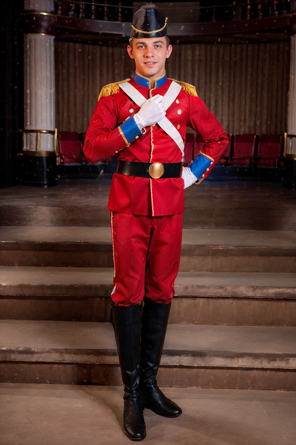 theater stage, theater production of The Nutcracker, standing, saluting, smiling, JamesRyder, christmas toy soldier costume, (male focus), ((full body portrait)), (wide angle), (adult male)  <lora:JamesRyder:0.8>  <lora:christmas_toy_soldier_costume:0.65>