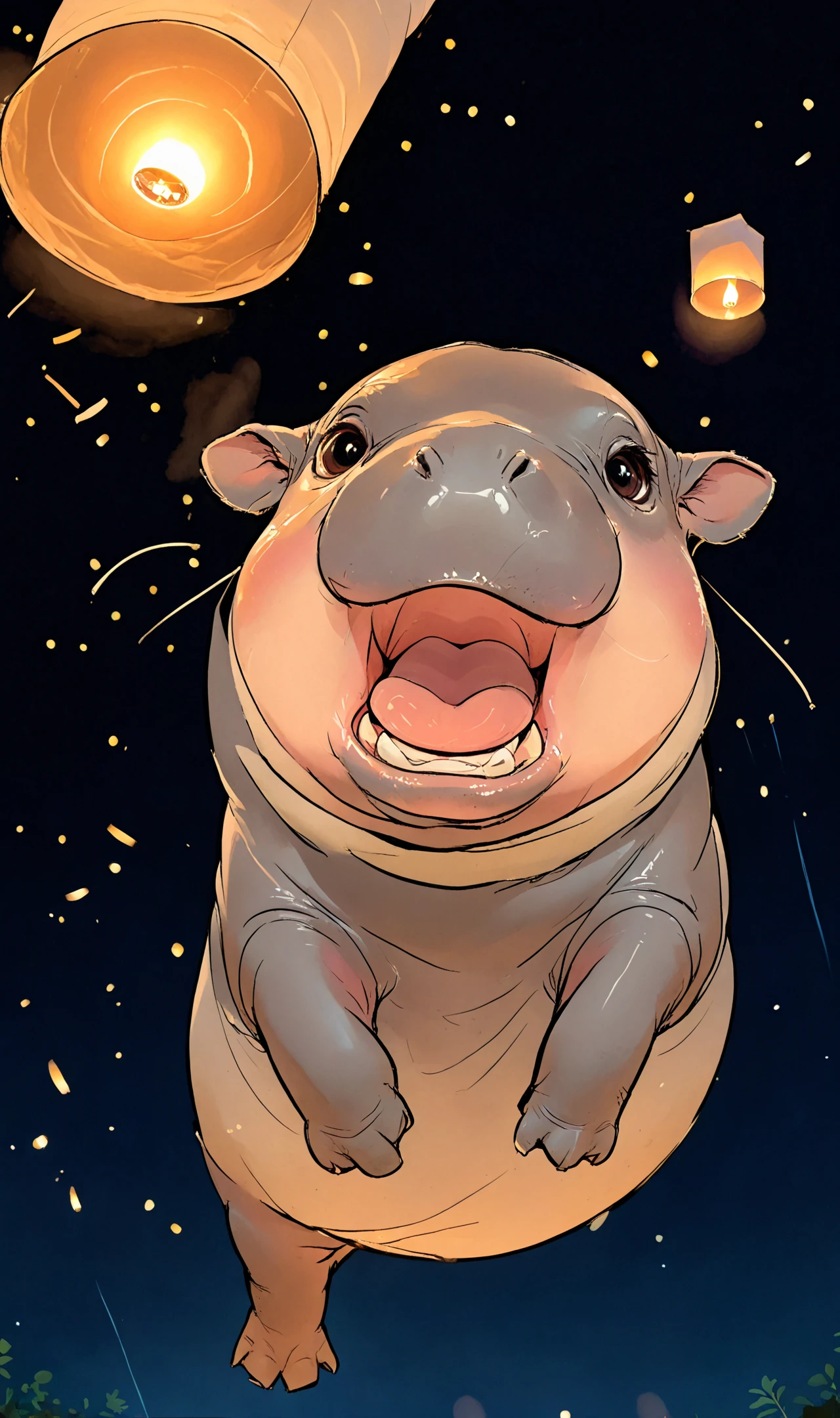 novel illustration,  lineart, cartoon, flat cartoon,
<lora:SDXL_BTT_MOODENG_v01:0.8>moodeng, chibi, (no human:1.5), animal, hippo, solo,  looking at viewer,   (open mouth:1.4), face focus, cute,
night , dark night, cloudy sky, firework, 
<lora:LCMTurboMix_Euler_A_fix:1> <lora:SDXL_BTT_YIPENG_V01:0.75>(YIPENG lantern background:1.4), (YIPENG on sky:1.4),