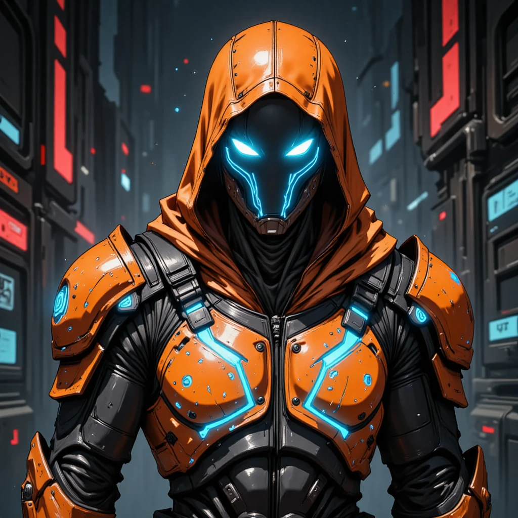 oren-bot-mmxxiv,  a digital illustration in a stylized  futuristic cyberpunk art style. The subject is a humanoid figure  likely a soldier or mercenary  dressed in high-tech  orange and black armor with glowing blue accents. The armor features a hooded cloak that drapes over the figure's head  with the hood pulled up  obscuring the face  except for the glowing blue visor that covers the eyes  giving a robotic or cybernetic appearance. The visor's glow casts a bright  ethereal light on the armor  highlighting the intricate details and textures.