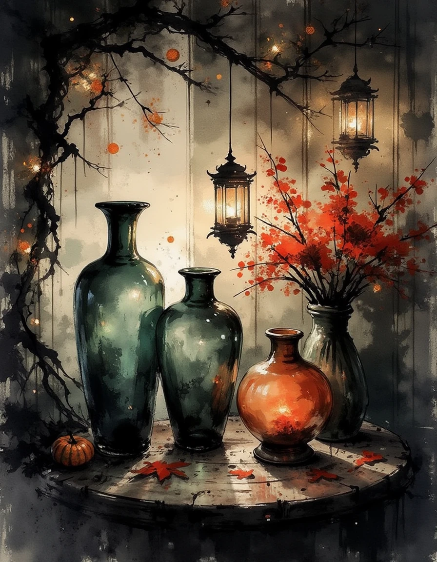 ink and brushstroke dismrt style, A mystical, enchanting still life featuring a collection of large, ornate glass vases in varying shades of deep emerald green and burnt orange, each reflecting shimmering light. The vases are elegantly arranged on a rustic wooden table, adorned with scattered autumn leaves and delicate antique trinkets. Delicate tendrils of ivy creep down from above, intertwining with softly glowing lanterns suspended in mid-air, casting a warm, inviting golden light. The backdrop consists of an aged wooden wall painted in rich, dark hues, subtly illuminated to create a cozy yet mysterious ambiance. The overall atmosphere evokes a sense of wonder and magic, showcasing intricate details like the textures of the glass and the gentle play of shadows and light., <lora:mystic-sumi_v40:1>