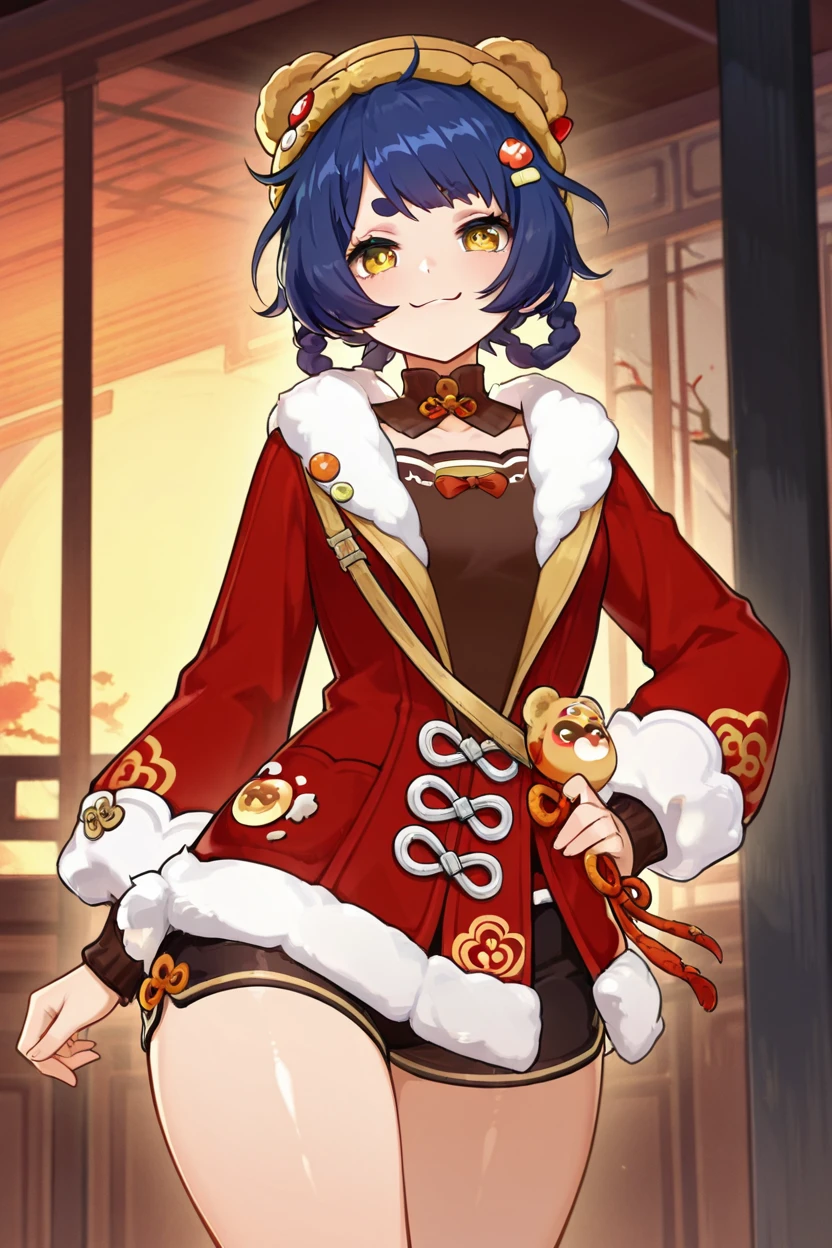 masterpiece, best quality, solo, curvy, beautiful eyes,zzXianglingNC, yellow eyes, blue hair, hair ornament, hair rings, hairclip, short hair, alternate costume, twin braids, sidelocks, long sleeves, hat, jacket, braid, coat, fur trim, chinese clothes, black shorts, ,<lora:Xiangling_NewYearsCheer_IXL_v2:0.8>, cowboy shot, hand on hip, smug, smile, looking at viewer, shiny skin,
