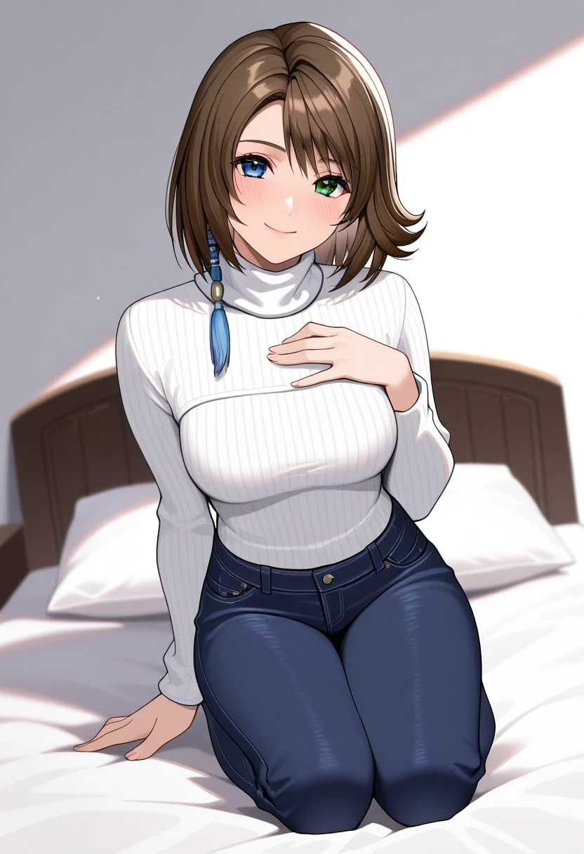 masterpiece, best quality, newest, absurdres, highres, <lora:YunaFFXIllustrious:0.8>,  FFXYNDF, brown hair, heterochromia, blue eyes, green eyes, smile,  blush, hand on own chest, white turtleneck, jewelry, jeans, looking at viewer, kneeling, on-bed,  white sweater,