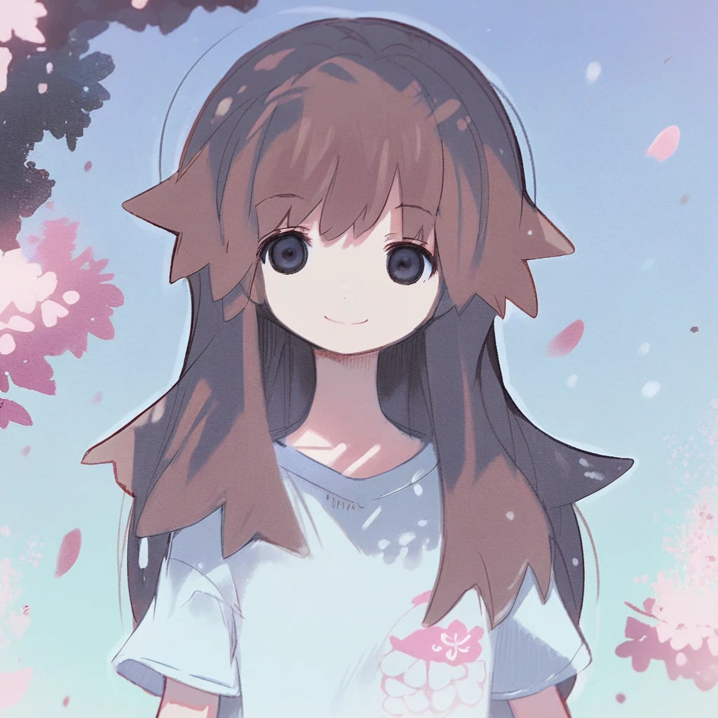 Urcarta \(Artist\), @urct, 裏方 \(芸術家\), 1girl, ((portrait shot)), detailed black eyes, smile, nose, brown hair, muscular male, closed mouth, looking at viewer, long hair, t-shirt , background: Beautiful cherry blossom grove, solo, upper body,