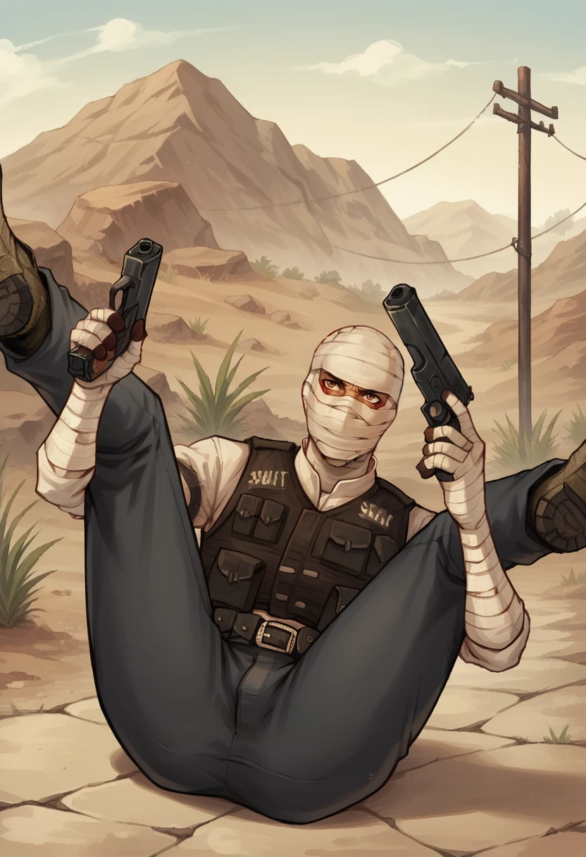 score_9, score_8_up, score_7_up, 1boy, solo,
ss-J0shGrm, bandages, bandage headwrap, bandaged hands, burned face, bulletproof vest, white shirt, pants, english text, belt, skinny, slim, snakeskin shoes,
outdoors, desert,
<lora:Joshua_Graham_OutfitCharacter_-_Fallout_New_Vegas:1>,<lora:Filthy_Frank_Guns_Meme_-_PonyXL:0.3> lying on back, legs up, spread legs, holding weapons, holding gun, handgun, dual wielding