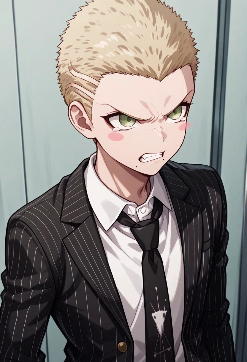 masterpiece, best quality, 
Fuyuhiko, 1boy, male focus, solo, green eyes, blonde hair, very short hair, blush stickers, freckles, mole, mole under mouth, formal, shirt, white shirt, collared shirt, necktie, black necktie, jacket, black jacket, open jacket, open clothes, striped jacket, stripes, vertical stripes, angry, teeth, cry,
indoor