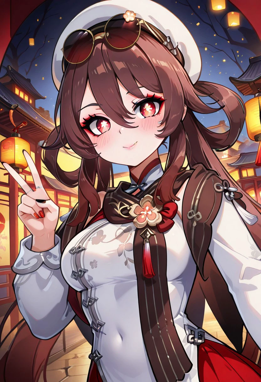 masterpiece, best quality, 32k, high resolution, absurdres, medium breasts, (curvy), cute, eyelashes,   
zzHuTaoCSL,  red eyes, brown hair, long hair, hair between eyes, twintails, sidelocks, flower-shaped pupils,  symbol-shaped pupils, official alternate costume, alternate costume, sunglasses, eyewear on head, white headwear, long sleeves, chinese clothes, skirt, hat, jewelry, white shirt, flower,
upper body, looking at viewer, smile, v, nail polish, chinse buildings, night, lanturns, makeup, night, eyeshadow, pink lips, blush, bokeh, luminescent background