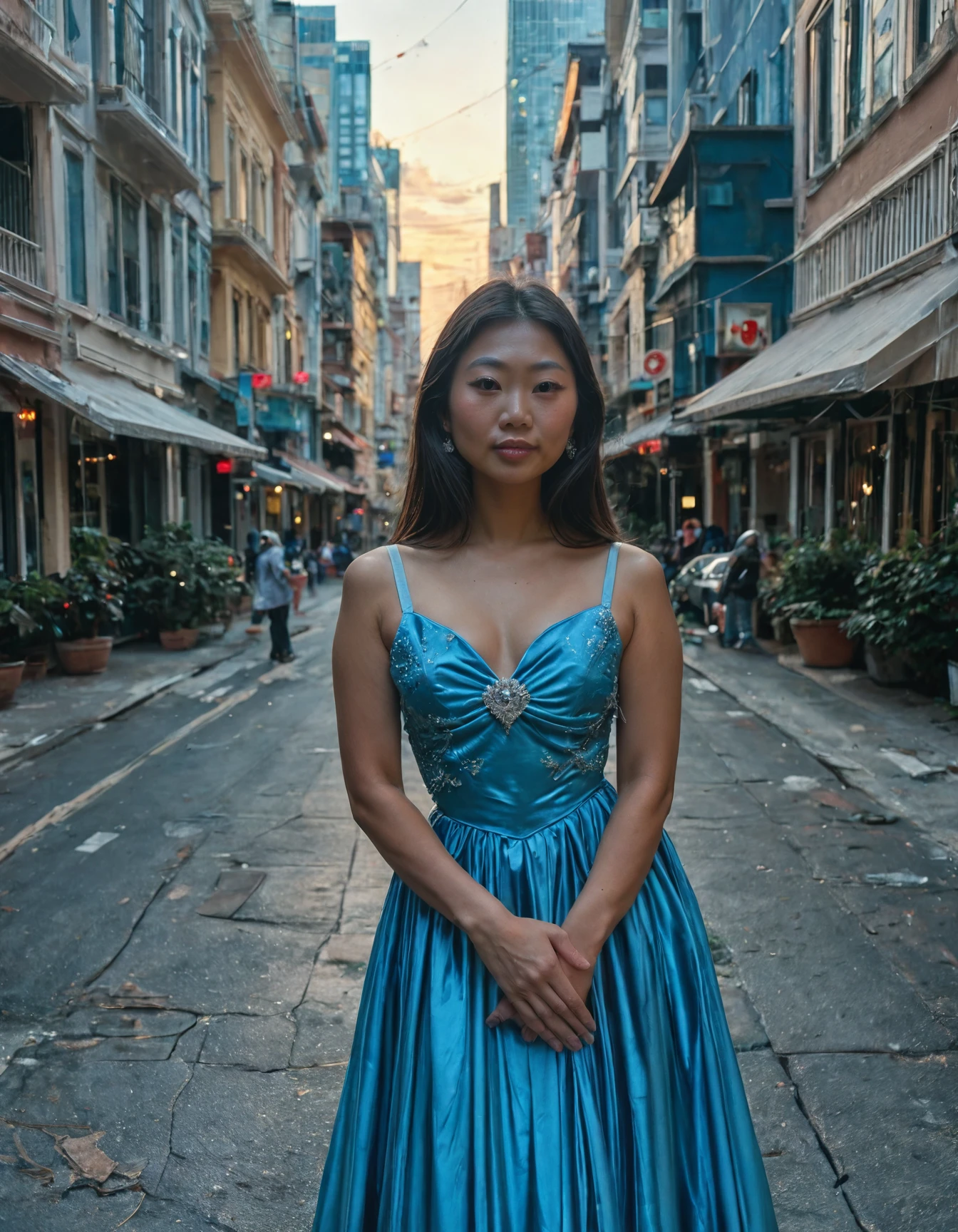 score_9, score_8_up, score_7_up, score_6_up, score_5_up, score_4_up, source_photo, Freyja PERRY, asian woman, blue fancy dress, city, sharp focus, global illumination, natural lighting