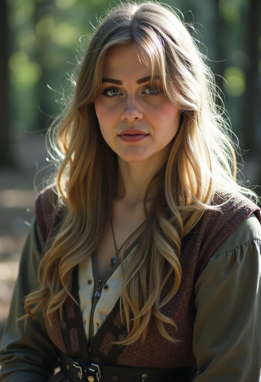 Best quality, instagram influencer, blonde female 20yo, depth of field, forest in the background (little far away), looking directly into the camera, perfect eyes, pupils, straight thin nose, medieval clothes, photograph taken from a little afar,