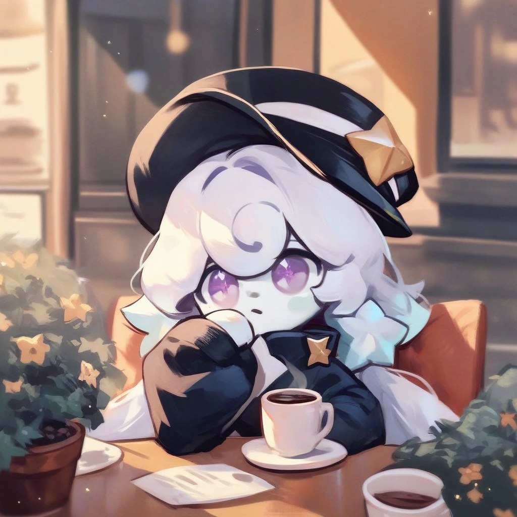 score_9, score_8_up, score_7_up, score_6_up, score_5_up, score_4_up, milky way, white hair, purple eyes, shirt, hat, sitting, cafe, coffee