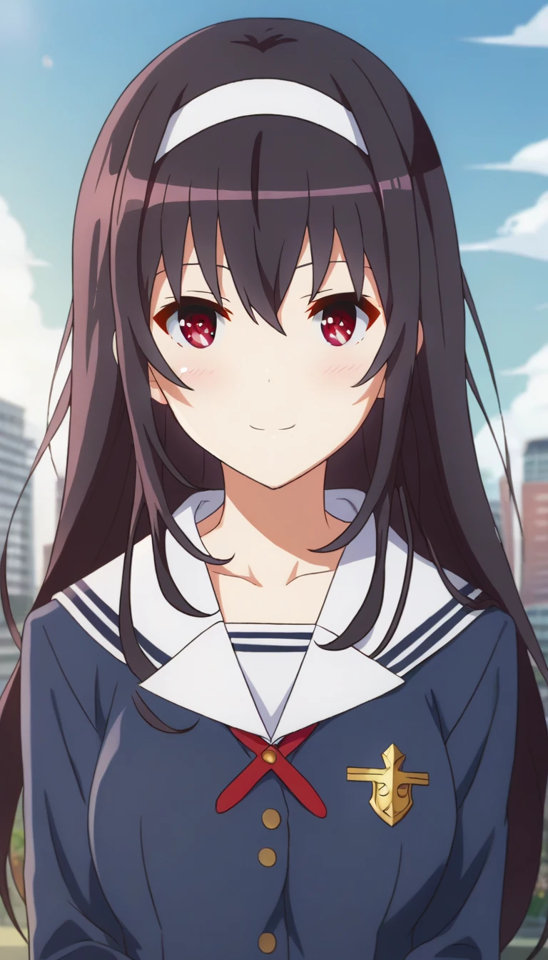 score_9,score_8_up,masterpiece,best quality,correct anatomy,anime_source,1girl,solo,perfect eyes,perfect arms,perfect legs,perfect face,outdoors,upper body,(portrait:1.5),looking at viewer,facing viewer,smile,blush,Kasumigaoka Utaha,long hair,black hair,white hairband,sidelocks,hair between eyes,bangs,red eyes,school uniform,blue jacket,red ribbon,neck ribbon,white sailor collar,white shirt,long sleeves,medium breasts,miniskirt,black skirt,pleated skirt,long legs,black pantyhose,loafers,black footwear,<lora:Kasumigaoka Utaha(shns)-Pony:1.6>,