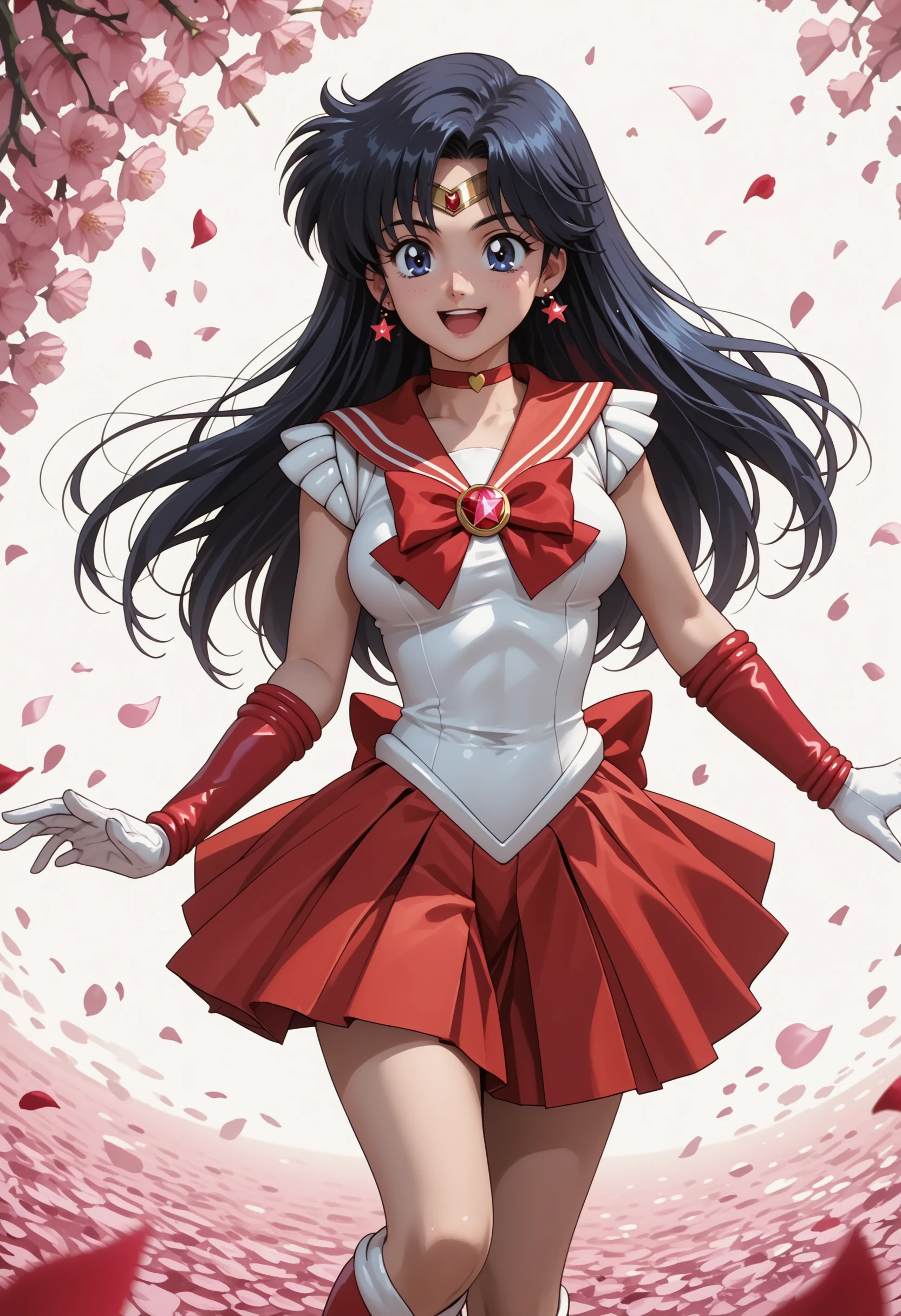 PonyXLV6_Scores best background, detailed background, anime screencap Sailor Mars, 90s anime, retro art style, Magical Girl Outfit, solo, smile, open mouth, petals,âââ