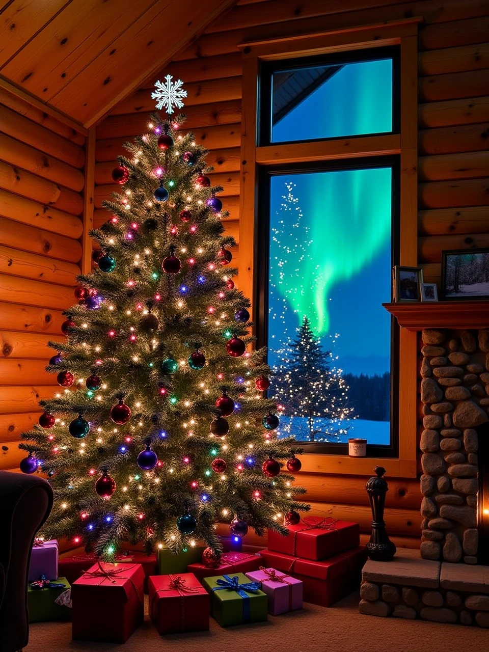 This is a photo taken inside a cozy winter cabin, showing a tall Christmas tree with colorful lights and various Christmas decorations, a pile of colorful gift boxes underneath the tree, a warm fireplace next to the tree, and a colorful aurora borealis in the sky outside the window.
coh24,Christmas tree.