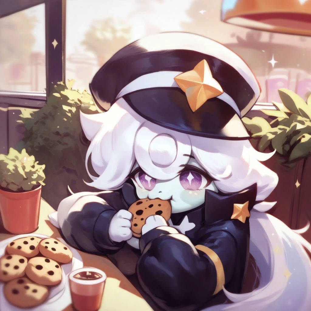 score_9, score_8_up, score_7_up, score_6_up, score_5_up, score_4_up, milky way, white hair, purple eyes, shirt, hat, sitting, cafe, cookie, eating