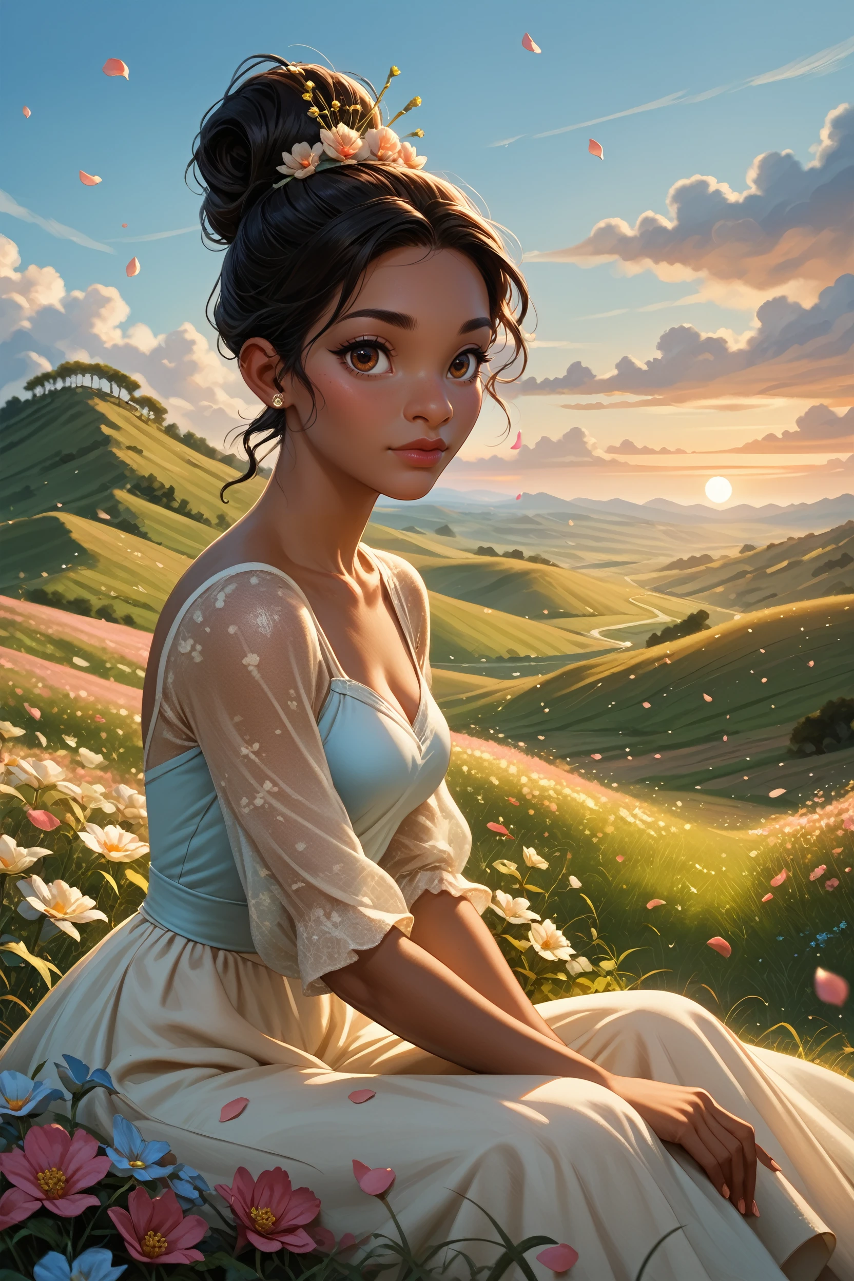 score_9, score_8_up, score_7_up, score_6_up
<lora:DTiana:0.8>
DTiana, 1girl, black hair, hair updo, brown eyes, dark skin, looking at viewer, sitting, field, hill, blue sky, sunset, flower petals, wind