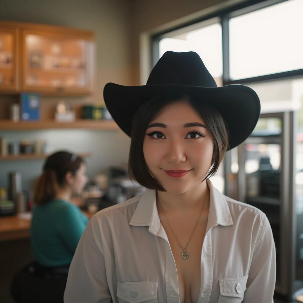 @emmi_xi_, @emmi_xi, Emmi Xi \(Person\),high resolution 4k Photo of 1 woman with short black hair, button up collared shirt and a cowboy hat, smiling with eyeliner, background is the inferior of a busy Starbucks coffee shopThe lighting is soft and natural, coming from a window on the right side of the image. The image is high quality