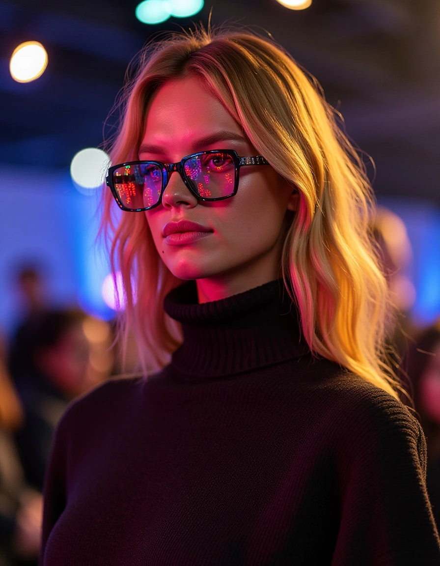 Fashion model posing in a turtle neck sweater, looking at the camera with a playful glance, bright colorful lights reflecting off her glasses, blurred fashion show background, energetic atmosphere, realistic, detailed. <lora:nadine_leopoid_dev_f1_k:1>