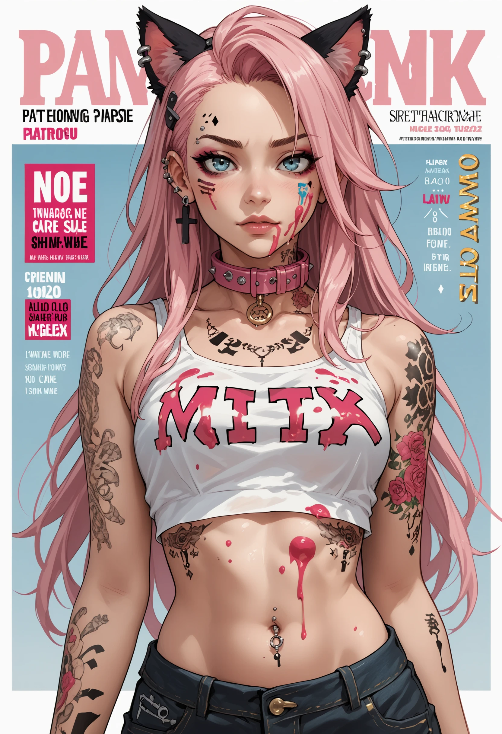 PonyXLV6_Scores  pink hair, cat ears, pink collar, piercings, white crop top tattoos, sexy punk, long hair, comic art style, fake magazine cover, manga style, sketch, paintâââ