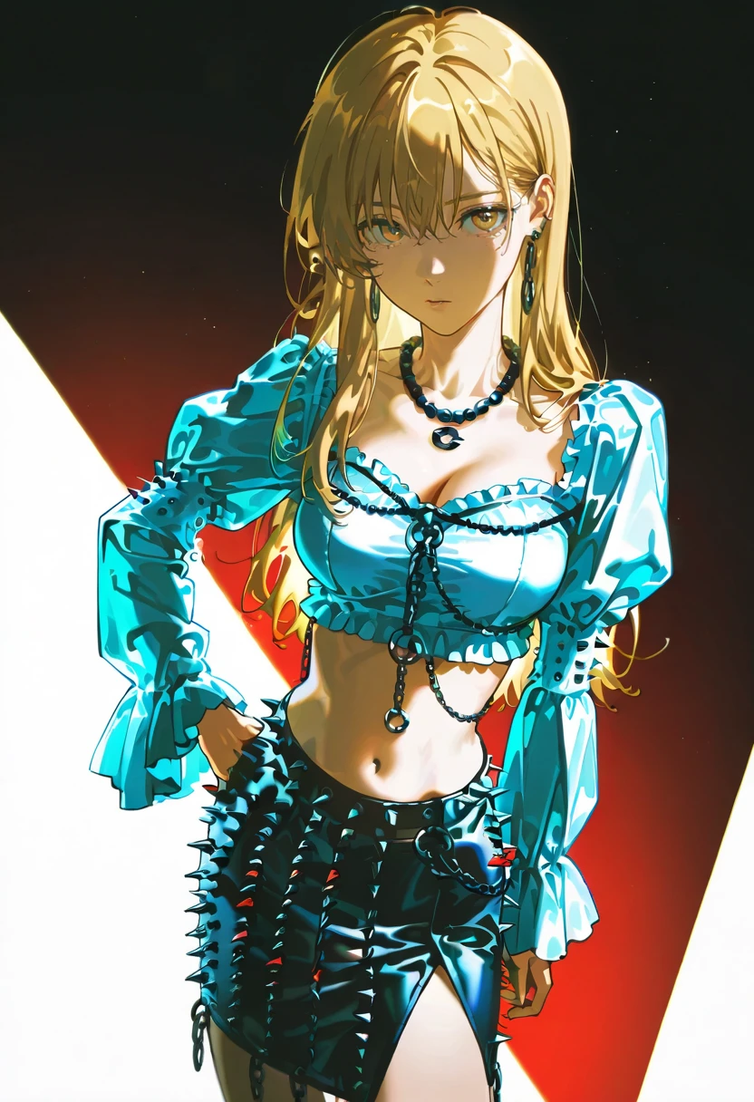 1girl,solo,looking at viewer,konya_karasue,y2k crop top, wide sleeves, skirt, spikes, frills, skirt, jewelry, necklace, midriff,power_(chainsaw_man)