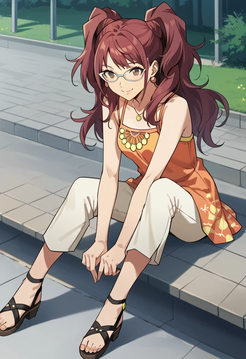 score_9, score_8_up, score_7_up, (source_anime), 1 girl, solo, nsfw, cute face,
p4rise, kujikawa rise, twintails, long hair, red hair, brown eyes, earrings, 
p4risesummer, kujikawa rise, dress, orange dress, capri pants, tan pants, casual, glasses, sandals,
sitting, smile,
park, pavillion,
masterpiece, best quality, ultra detailed, absurdres, very aesthetic