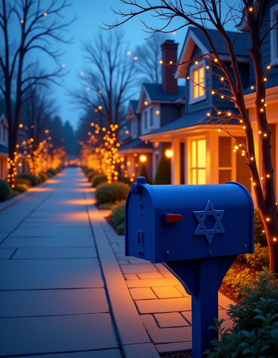 <lora:hanukkahcolors:1> hanukkahcolors, mailbox at the end of a driveway