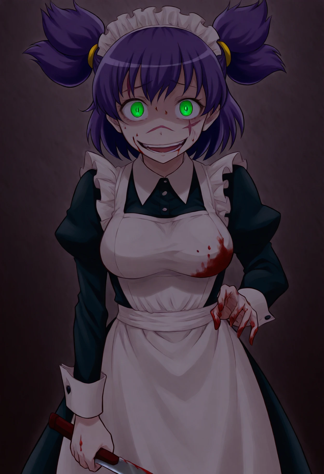 <lora:RadioheadIll_BMC:1.2>
<lora:UnylIll++cWr-000009:0.7>
1girl, solo,
UnylIll, two side up,  green eyes, purple hair, short hair, hair tie, medium breasts,
low light, low_exposure, dark, horror,
blood, maid, apron, long sleeves, blood on weapon, maid headdress, blood on face, enmaided, scar across eye, white apron, black dress, smile, dress, scar, looking at viewer, maid apron, juliet sleeves, blood on clothes, puffy sleeves, open mouth, holding butcher knife, standing, frilled apron, scar on face, blood on hands, crazy smile, buttons, teeth, sleeve cuffs, crazy eyes,
(perfect quality, best quality, masterpiece, absurdres, newest)