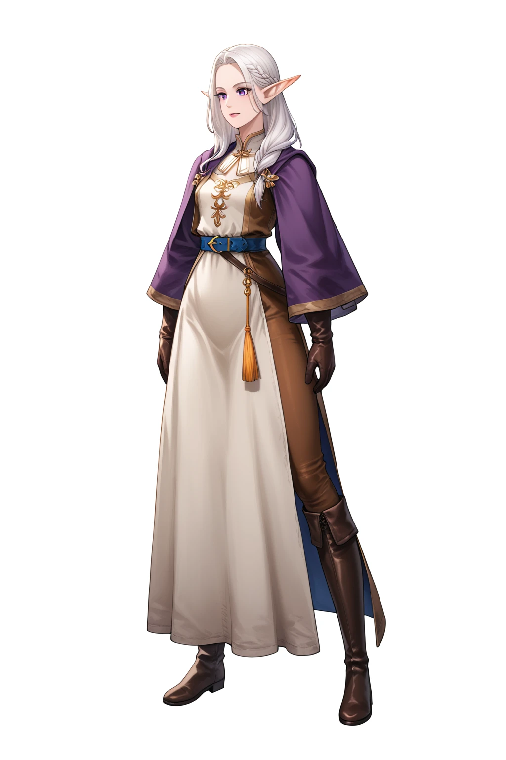 full body medieval fantasy character of a female elf, 1girl, 

simple background, white background,

an elf with distinct elven features, Slender and Graceful, 
The elf has fair skin, bobbed, long white hair and pointed ears, 
and she has expressive purple eyes with a slight upward tilt, giving her a gentle, serene appearance,  

a female elf Bard musician adventurer dressed in medieval-style attire, with a mix of practical and elegant elements,
dressed in a long, flowing purple and gold robe that drapes over their shoulders, 
with a deep purple cape that flows behind them, 
The robe has intricate gold trim and a blue belt around the waist, 
They wear brown leather boots and brown leather gloves, 
and fur-trimmed leggings,
A brown leather satchel is slung over their left shoulder, with a small, orange tassel hanging from it,