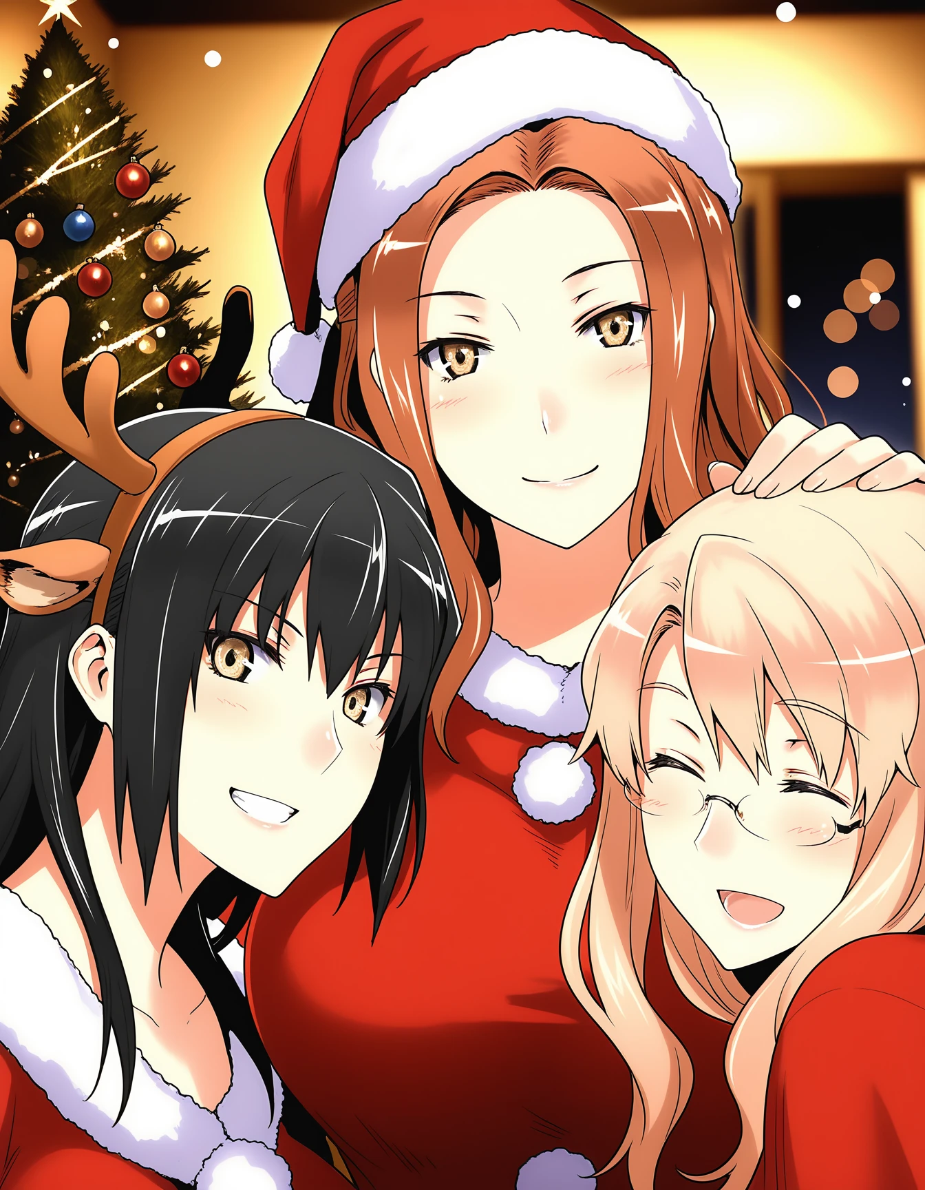 3girls, girl sandwich, looking at viewer, happy, party, santa costume, christmas, upper body, perspective, indoors, christmas tree, christmas ornaments, light particles, sparkle, bokeh, depth of field, blurry background, general, masterpiece, best quality, amazing quality, absurdres  <lora:Tachibanasan_Illustrious01_v1-000032:1>,
3girls, tachibanayuika, medium hair, grin, fake antlers, hands up,
3girls, tachibanakyouka, half updo, head tilt, santa hat, hand up, (mature female:0.6),
3girls, tachibanakoharu, rimless eyewear, closed eyes, open mouth, fake antlers, red capelet, headpat,