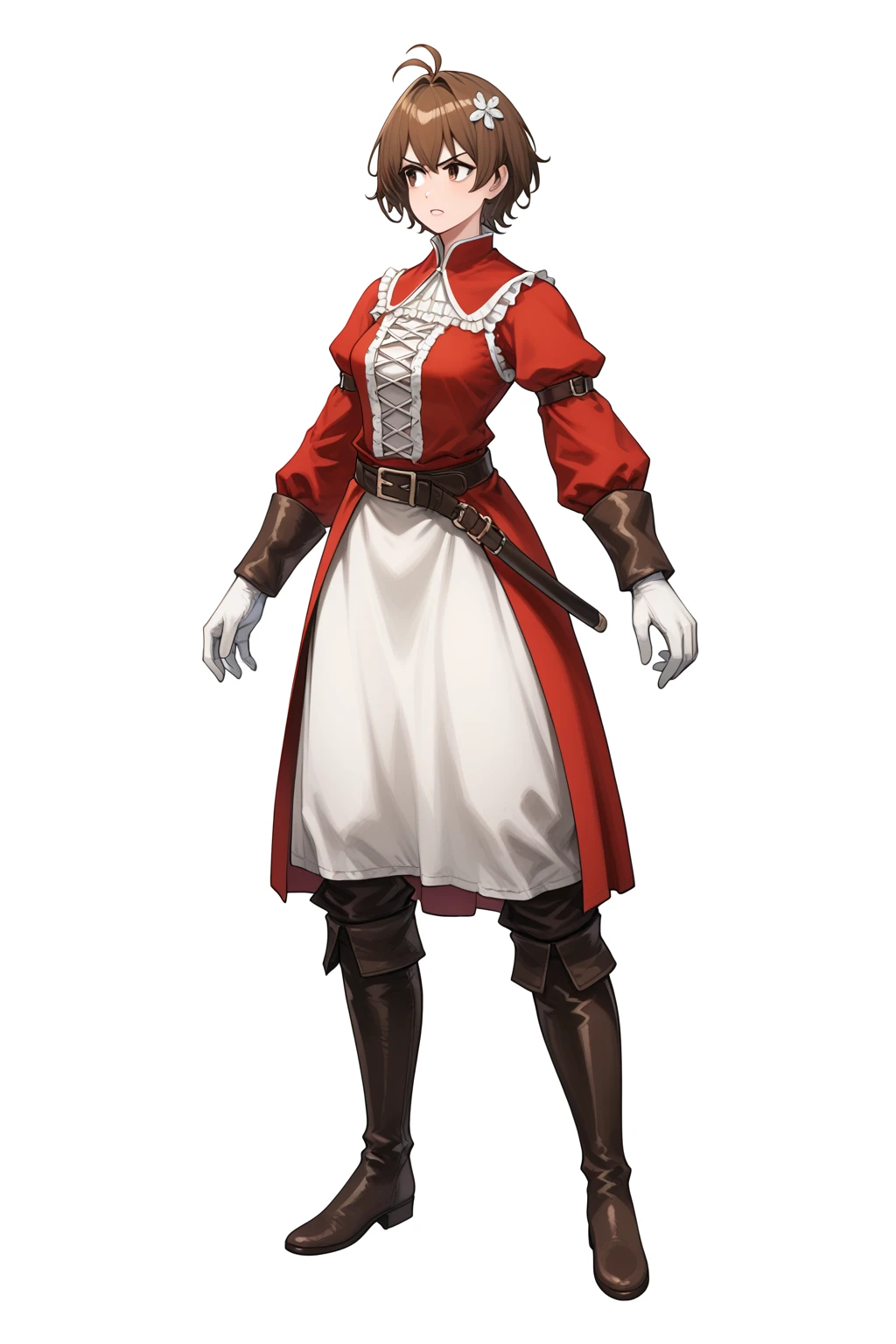 the full-body anime character design of a female,

a woman with a confident and determined expression, standing in a dynamic pose. 
She has fair skin and short brown hair styled in a messy bob. 
Her eyes are a striking green, adding to her fierce appearance. 
She is dressed in medieval-inspired attire, consisting of a red tunic with white ruffled sleeves and a black belt cinching her waist. 
Her attire also includes white gloves and knee-high brown boots with black accents, giving her a warrior-like appearance. 


simple background, white background,