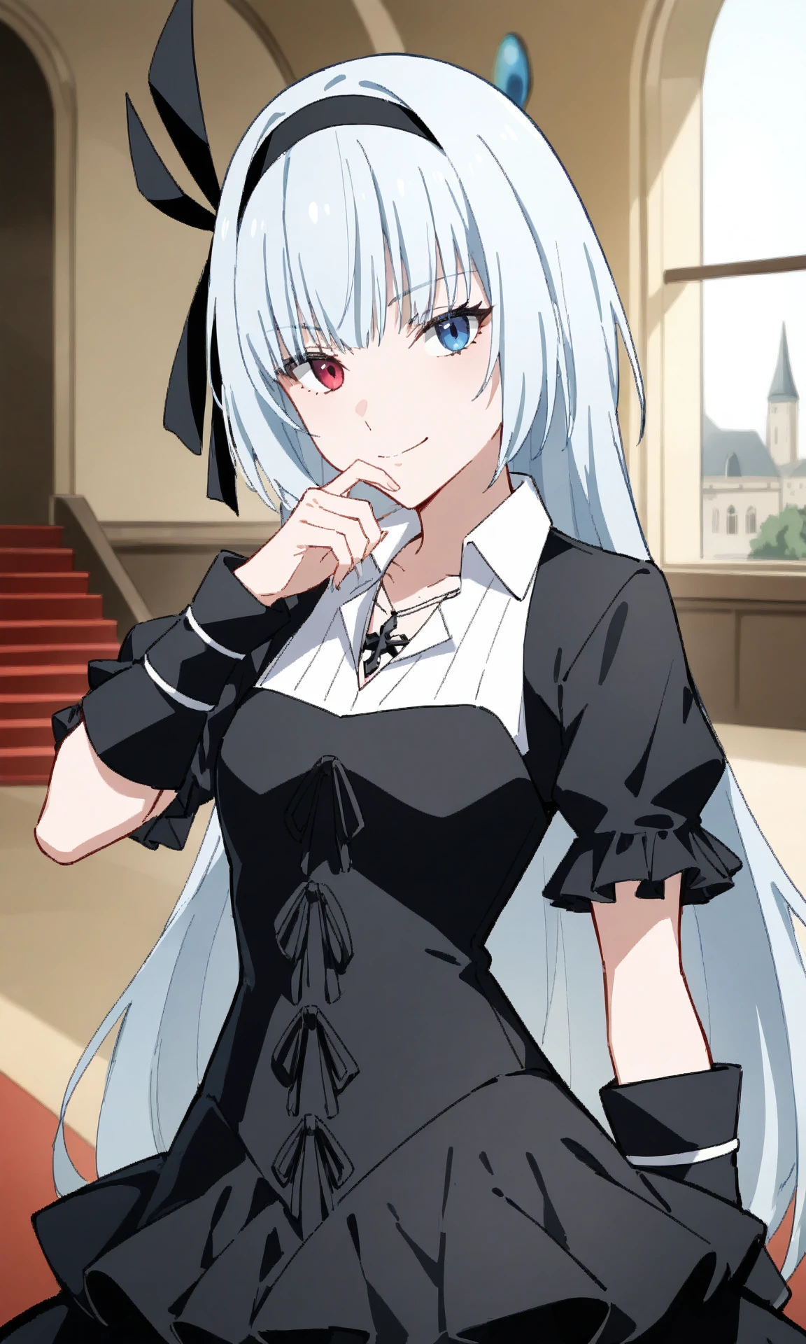 (masterpiece, best quality, very awa:1.0), newest, recent, year 2023, year 2024, highres,absurdres, 

1girl, luminous valentine, black dress, black hairband, collared dress, long hair, very long hair, frilled dress, puffy short sleeves, layered dress, necklace,  detached sleeves, looking at viewer, hand to own mouth, smile, standing, upper body, living room, interior, window, city, medieval, mature female, stairs, small breasts, straight-on