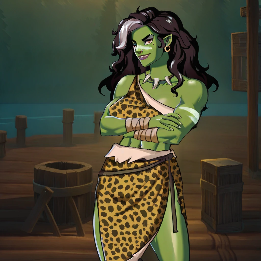 Score_9_up, score_8_up, score_7_up, score_6_up, 1girl, solo, pogsl, green skin, colored skin, wrist wraps, black hair, white hair streaks, leopard print top, cleavage, muscular, tooth necklace, leopard print loincloth, earrings, belt, fur boots, pointy ears, arms crossed, looking at viewer, smirk, forest, camp, detailed scenery
